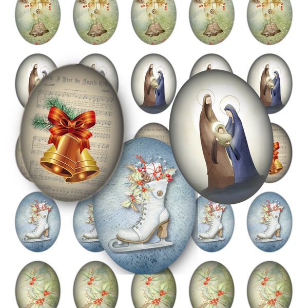 Beautiful Vintage Christmas Digital Collage Sheet, 30x40mm Oval Images, Instant Printable Download with Paper Sizes 8.5x11, 4x6, & A4