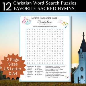 Juego de 12 páginas de sopas de letras bíblicas imprimibles para adultos y adolescentes con himnos de fe, tamaño carta de EE. UU. y A4, juegos de palabras cristianos.