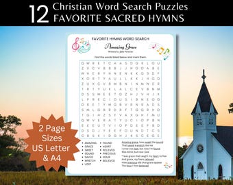 12 Page Set of Printable Bible Word Search Puzzles for Adults and Teens Featuring Hymns of Faith US Letter Size and A4, Christian Word Games