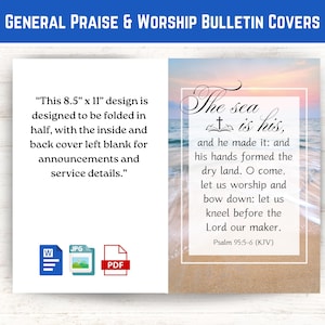 Könnte beinhalten: Design für eine Bulletin-Titelseite mit dem Text "The sea is his" und Psalm 95:5-6 (KJV). Das Design ist 21,59 cm x 27,94 cm groß und wird gefaltet. Enthält eine Strandszene mit Sonnenuntergang. Enthält auch Dateityp-Symbole.