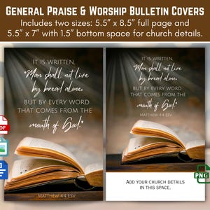 Op de afbeelding: Twee ontwerpen voor bulletinomslagen met een open boek en tekst uit Mattheüs 4:4 ESV. De tekst luidt: 'De mens zal niet van brood alleen leven, maar van elk woord dat uit de mond van God komt.' Verkrijgbaar in twee formaten.