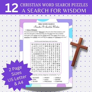 May include: A Christian word search puzzle with the text "A Search for Wisdom" and "Proverbs: A Search for Wisdom". The image includes a wooden cross and a star-shaped graphic with "2 Page Sizes US Letter & A4".