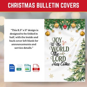 Bulletin d'église de Noël imprimable ou modèle de couverture de programme en deux volets, joie au monde : le Seigneur est venu en prime, format carte de voeux JPG 5 x 7 po.