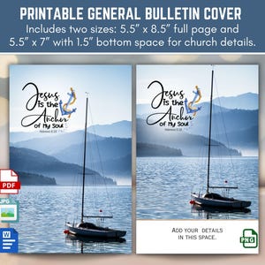 Puede incluir: Portada de boletín imprimible con una serena escena de lago y un velero. El diseño incluye el texto "Jesus is the Anchor of My Soul." Disponible en dos tamaños: 14 cm x 21.6 cm y 14 cm x 17.8 cm con espacio para detalles de la iglesia.