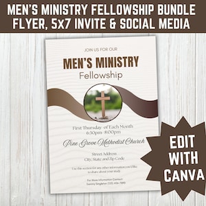 May include: A flyer for a Men's Ministry Fellowship, featuring a wooden cross in a circular frame. The design includes brown ribbon-like accents and the text "Men's Ministry Fellowship." The flyer is designed to be edited with Canva.