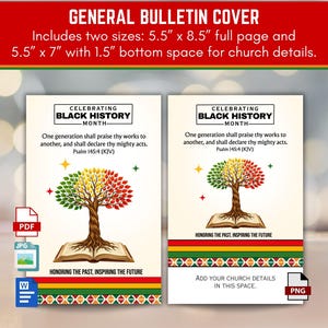 May include: Two bulletin covers for Black History Month. Each features a tree with green, yellow, and red leaves atop an open book. Text includes "Celebrating Black History Month" and a Bible verse. The covers are 5.5" x 8.5" and 5.5" x 7".