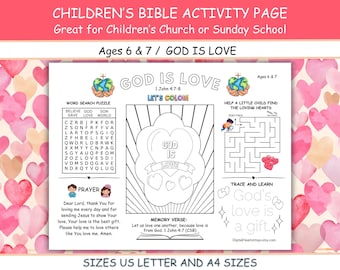 God is Love Bible Activity Page Place-mat, Bible Lesson Kids Activity for Sunday School Home School & Children's Church, US Letter and A4