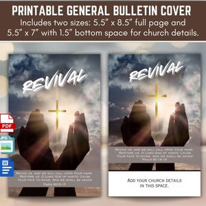 Op de afbeelding: Afdrukbare bulletinomslag met het woord "REVIVAL" in witte letters boven een gouden kruis en omhoog reikende handen. Het ontwerp bevat tekst uit Psalm 80:18-19 en ruimte voor kerkdetails. Verkrijgbaar in formaten van 14 cm x 21,6 cm en 14 cm x 17,8 cm.