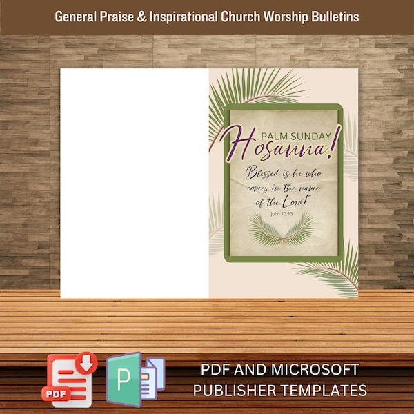 Palm Sunday Hosannah Worship Service and Events Church Bulletin Cover and Template with Bible Verse John 12:13 Clipart and Church Supplies