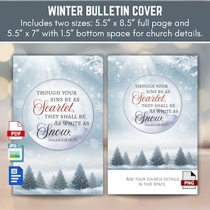 Könnte beinhalten: Winter-Bulletin-Cover-Design mit zwei Größen: 14 cm x 21,6 cm und 14 cm x 17,8 cm. Das Design zeigt eine Winterlandschaft mit dem Text „Ob eure Sünden wie Scharlach sind, sollen sie doch wie Schnee sein“. Enthält PDF-, JPG- und PNG-Formate.