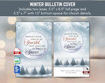 Printable Church Bulletin Cover | Isaiah 1:18 KJV Though Your Sins Be as Scarlet | Winter Scripture Bulletin | Snowy Christian Program Cover