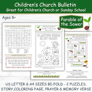 Boletim da Igreja Infantil Parábola da Semente e do Semeador, Igreja e Escola Doméstica, Páginas de Atividades para Imprimir, PDF com Dobra Dupla em Carta dos EUA e A4, Idade 8+