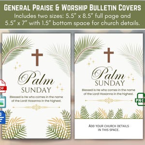 May include: Palm Sunday bulletin covers featuring a cross, palm fronds, and the words "Palm Sunday." Includes two sizes: 14 cm x 21.6 cm and 14 cm x 17.8 cm with space for church details. The design uses green, brown, and gold.