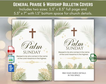 Palm Sunday Church Bulletin Art Cover, Holy Days Easter Services, Design: Green Palms & Bible Scripture, 11x8.5, Bi-folded Digital Download