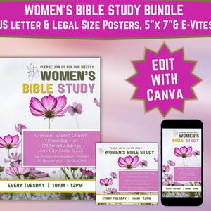 Puede incluir: Un paquete de materiales de estudio bíblico para mujeres, que incluye carteles y invitaciones electrónicas. El diseño presenta flores de cosmos rosas y el texto "Women's Bible Study". El paquete incluye carteles de tamaño US Letter y Legal, impresiones de 12,7 cm x 17,8 cm y una maqueta de teléfono.