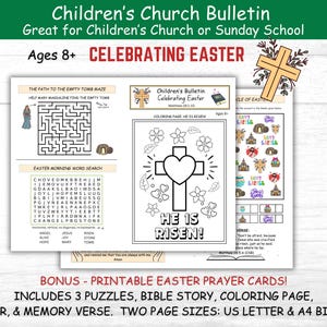 Christliche Kinderkirche Bulletin Feiern Ostersonntag Schule Druckbare Aktivität Bi-Fold PDF US Letter & A4 Alter 8+ Bonus Gebetskarte