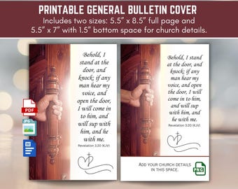 Printable General Church Bulletin Art Cover, Bible Verse Revelations 3:20 I Stand at the Door and Knock, Digital Download 8.5x11 Bi-Fold