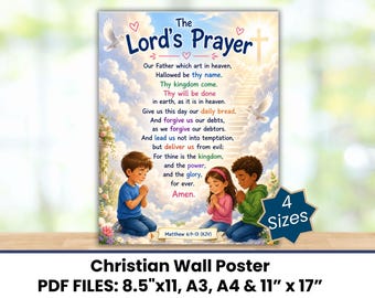 Affiche imprimable du Notre Père, Matthieu 6:9-13 (Version King James), Décoration murale biblique pour enfants, École du dimanche, Culte des enfants, Instruction à domicile (PDF), 4 tailles