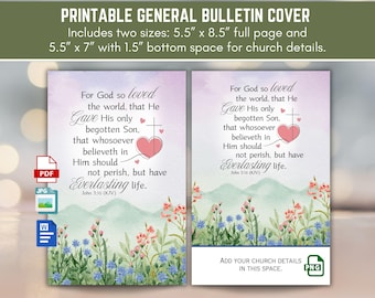 Watercolor Floral Church Bulletin Cover Art KJV John 3:16 Bible Verse For God so Loved The World, 8.5x11 Bi-Fold Printable Digital Download