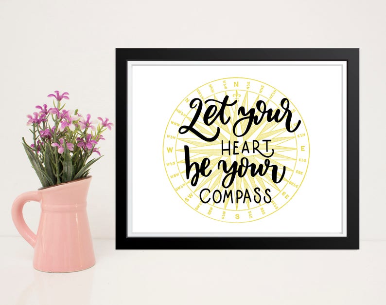 Let Your Heart Be Your Compass, Inspirational Printable Download, Instant Download, Nautical Wall Art, Beach Art, 11x14, 8x10 and 5x7 Prints image 2