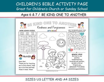 Be Kind One to Another Bible Activity Sheets for Kids Sunday School Home School Childrens Church Lesson Supplement US Letter & A4, Ages 6+7