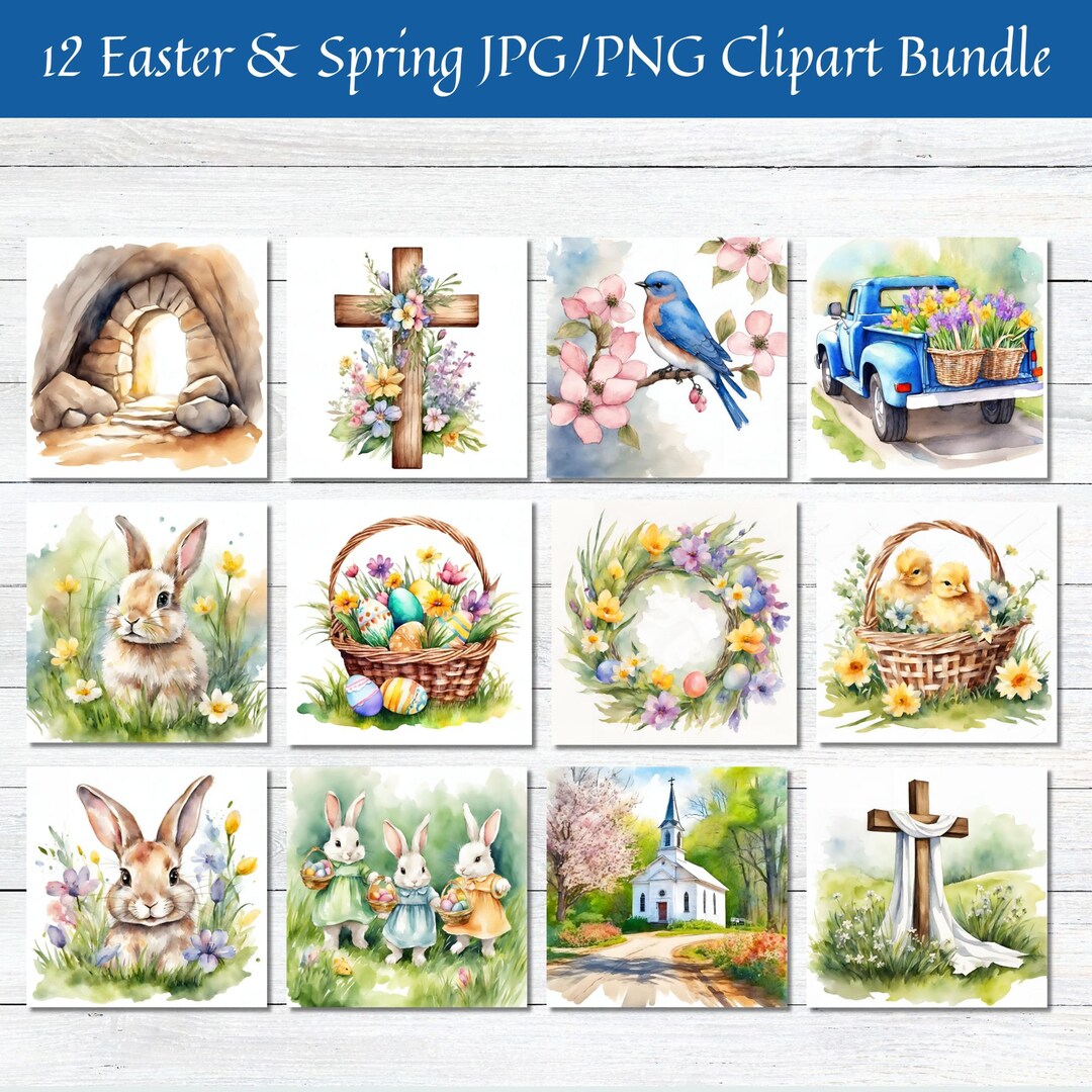 Holiday Watermark Spring 12 Watercolor Easter and Spring High-quality JPG and PNG Clipart ...