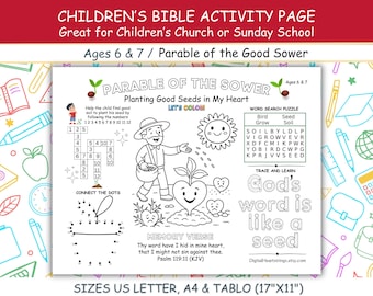 Bible Activity Page/Place-mat, Parable of the Good Sower Childrens Church, Sunday School Craft or Home School, Multiple Sizes, Ages 6 and 7