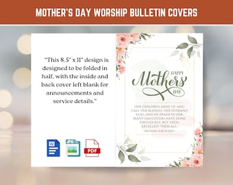 Mother's Day Church Bulletin Cover Art, Watercolor Flowers, Proverbs 31 Her Children Call Her Blessed,  11x8.5 Bi-folded, Digital Download