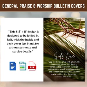 Könnte beinhalten: Ein Design für eine Bulletin-Titelseite, 21,6 cm x 27,9 cm, mit dem Text "GENERAL PRAISE & WORSHIP BULLETIN COVERS". Das Design enthält den Text "God's Love" und einen Bibelvers. Das Design soll in der Mitte gefaltet werden.
