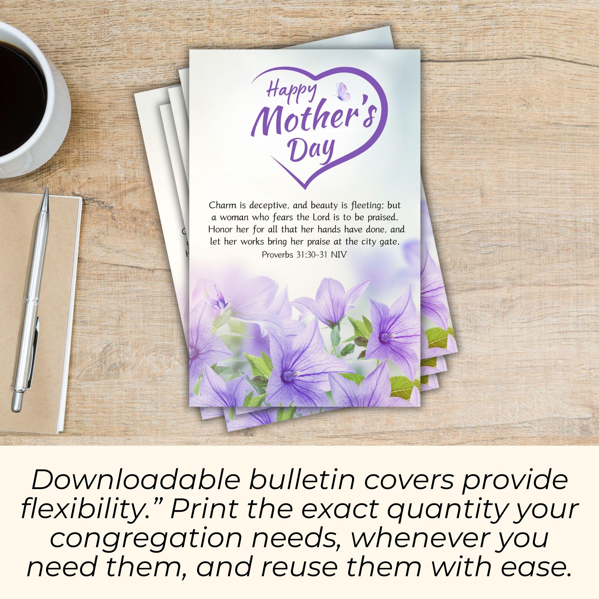 Mothers Day Church Bulletin Cover Art, Purple Floral, Proverbs 31 Let ...