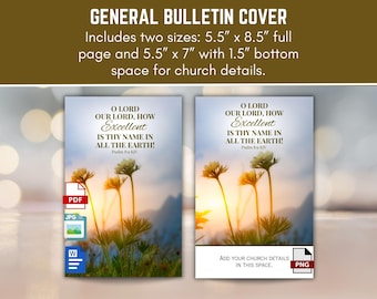 Christian Church Worship Program Bulletin Cover Clip Art, Psalm 8:9 KJV How Excellent Is Thy Name In All The Earth, Printable 8.5x11 Bi-Fold