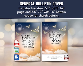 Printable Church Worship Bulletin or Program Art Cover, Based on Luke 22:46, Rise Up and Pray, 8.5x11 Bi-Fold, Instant Digital Download