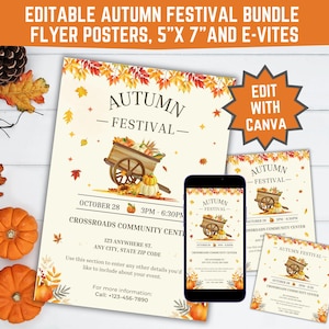 Plantillas editables de Canva para eventos del Festival de otoño, iglesias o escuelas vecinas, volantes en tamaños carta y legal de EE. UU., tarjetas de 5 x 7 y redes sociales