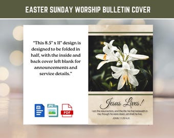 Easter Church Bulletin Cover, Jesus Lives, Resurrection Day, Easter Lily, Holy Day Services, 11x8.5 Bi-folded, Digital Download