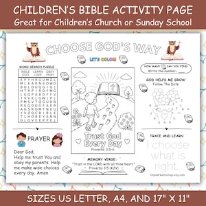 Op de afbeelding: Een zwart-wit bijbelactiviteitenpagina voor kinderen met de titel CHOOSE GOD'S WAY. Het blad bevat een woordzoeker, een tekening met stippen om te verbinden, een gebedsgedeelte en een centrale illustratie van een kind dat naar een open bijbel loopt.