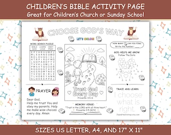 Page d'activités pour enfants « Choisis la voie de Dieu », napperon chrétien à imprimer, coloriages bibliques et puzzles, activité pour l'école du dimanche et l'instruction à domicile, Proverbes 3:5-6