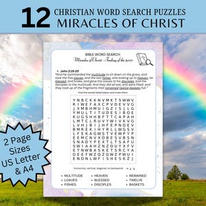 Sopas de letras cristianas con versículos bíblicos: Los milagros de Cristo. Para actividades de la iglesia, educación en casa y estudio bíblico. Tamaño carta (EE. UU.) y A4.
