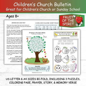 Boletín de la Iglesia para niños Actividad bíblica Fruto del Espíritu para niños en casa o en la escuela dominical, PDF imprimible, tamaño carta de EE. UU. y A4, 8 años en adelante