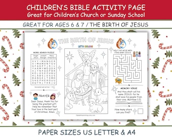 Christmas Bible Activity Page for Kids – Birth of Jesus | Children’s Church, Sunday School Printable | US Letter & A4