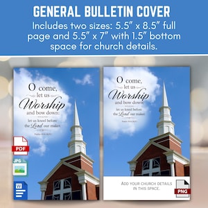 Può includere: Modello di copertina per bollettino generale con un campanile di chiesa su un cielo blu con nuvole. Il testo recita: O come, let us Worship and bow down: let us kneel before the Lord our maker. Include formati da 13,97 cm x 21,59 cm e 13,97 cm x 17,78 cm con spazio per i dettagli.