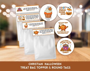 Christian Themed Halloween Treat Bag Toppers and Round Tags for Kids, Set of 4, Trick or Treat & Fall Festival, Instant Download Printable