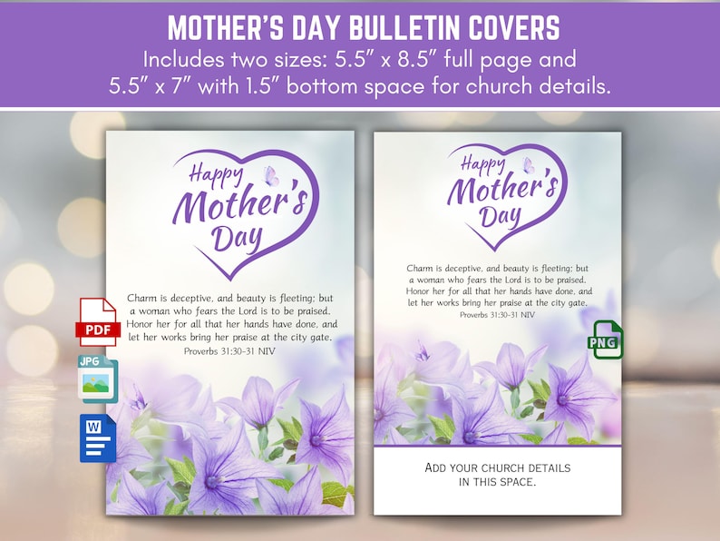Mothers Day Church Bulletin Cover Art, Purple Floral, Proverbs 31 Let ...