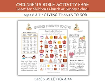 Thanksgiving Bible Activity Page for Kids Children Church Printable Sunday School Bible craft, Giving Thanks to God, US Letter & A4