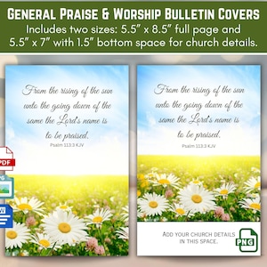Peut inclure: Deux couvertures de bulletin avec un ciel bleu et un champ de marguerites. Le texte dit : « Du lever du soleil jusqu'à son coucher, que le nom du Seigneur soit célébré. » Psaume 113:3 KJV.