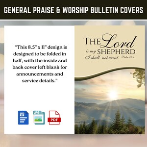 Könnte beinhalten: Ein Bulletin-Cover-Design mit dem Text "GENERAL PRAISE & WORSHIP BULLETIN COVERS". Das Design ist 21,6 cm x 27,9 cm groß und wird gefaltet. Die rechte Seite zeigt eine Landschaft mit dem Text "The Lord is my Shepherd".