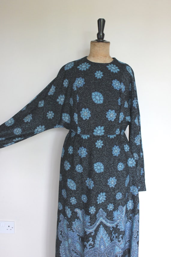 1970's Sparkly Paisley Blue and Black Maxi Dress,
