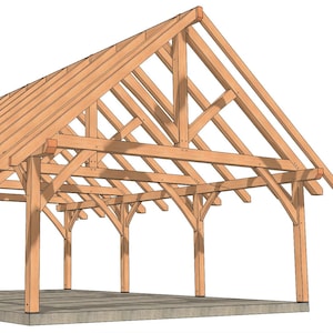Puede incluir: Una estructura de marco de madera con un techo a dos aguas. El marco está hecho de vigas y postes de madera natural. La estructura está soportada por seis postes.