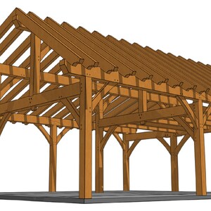 Puede incluir: Una pérgola de madera con un techo a dos aguas y múltiples vigas. La pérgola está hecha de madera natural y tiene un aspecto rústico.