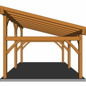 May include: Side view of a wooden pergola with a sloping roof and multiple support beams. The pergola is made of natural wood and has a rustic appearance.