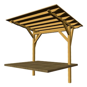 May include: A wooden pergola with a flat roof and a platform underneath. The pergola is made of natural wood and has a rustic look.